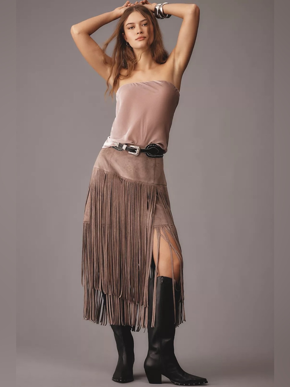 Mare Mare x Anthropologie Faux-Suede Fringe Midi Skirt